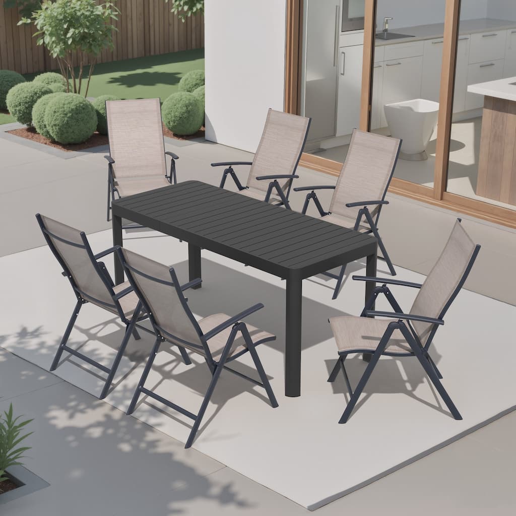 7-Piece Outdoor Patio Dining Set Expandable Rectangular Aluminum Dining Table Folding Chairs