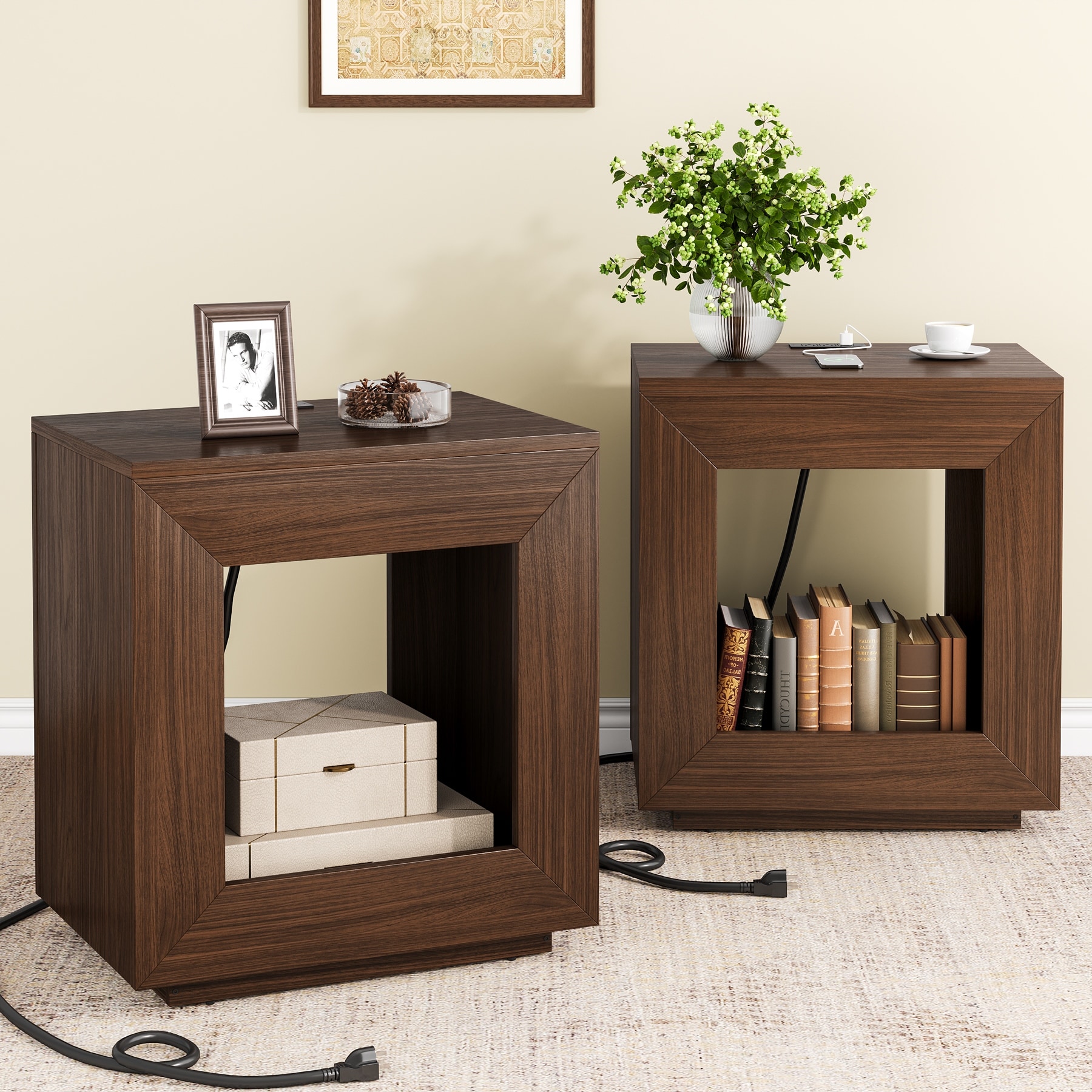 Rustic Wood End Table Set of 2 Square Side Table Brown Sofa Side Table with Storage Shelf and LED Light