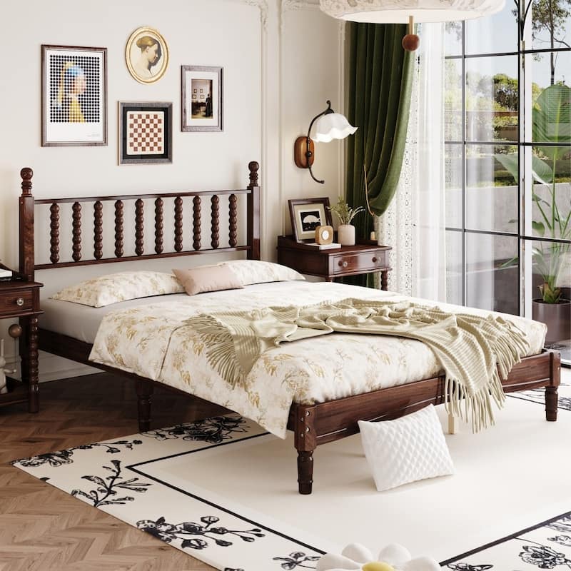 Modern Wooden Queen Size Platform Bed with Gourd Shaped Headboard