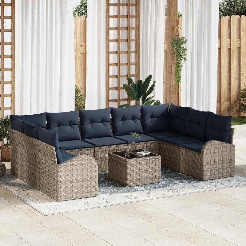 vidaXL 9/10 Garden Sofa Set with Cushions Black/Brown/Grey Poly Rattan - 113.8 x 70.5 x 27.2 - Grey with table