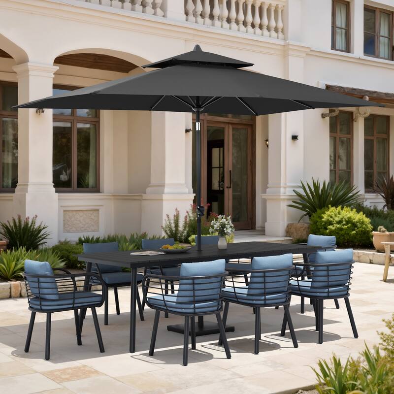 11PC Outdoor Patio Dining Set Aluminum Table with Sunbrella Cushion Chairs w/ Market Umbrella Sets