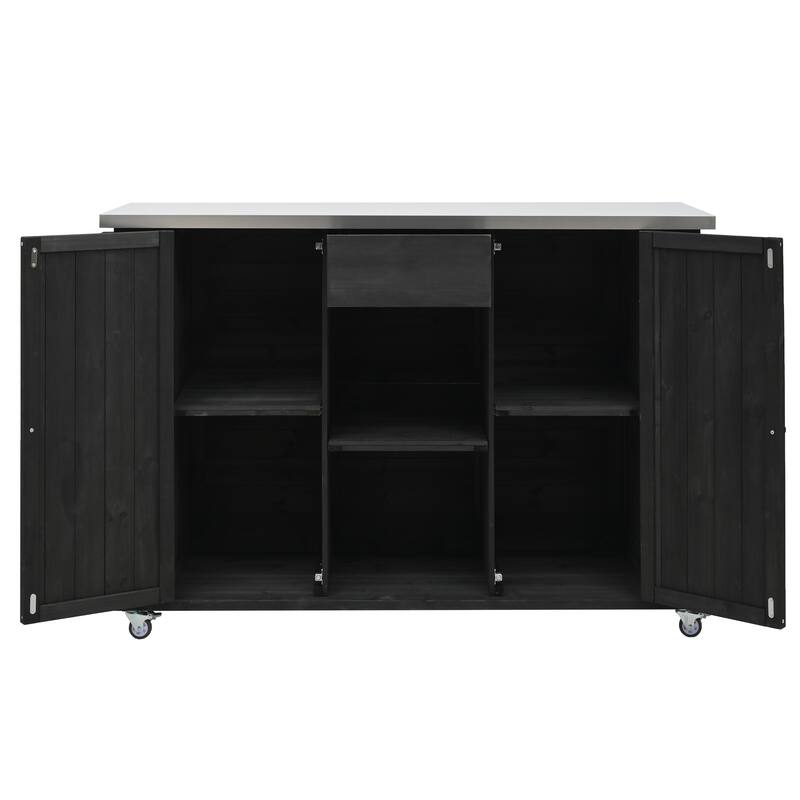 Outdoor Kitchen Island Fir Wood Kitchen Island with Stainless Steel Top, Ample Storage Space, Towel and Spice Racks
