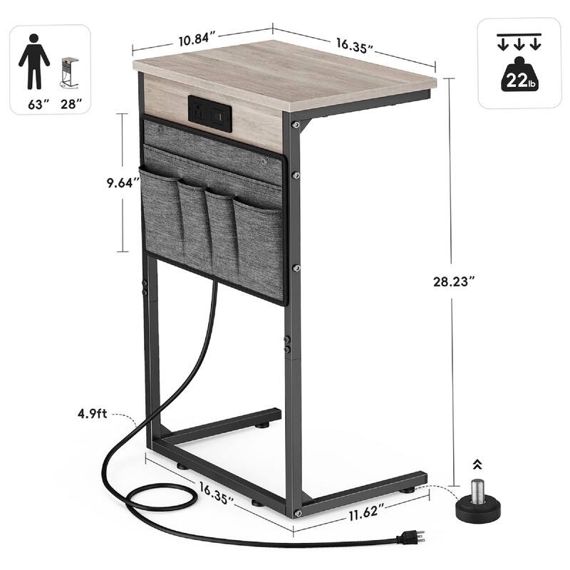 C Shaped End Table with Charging Station - 16.35"D x 10.84"W x 28.23"H