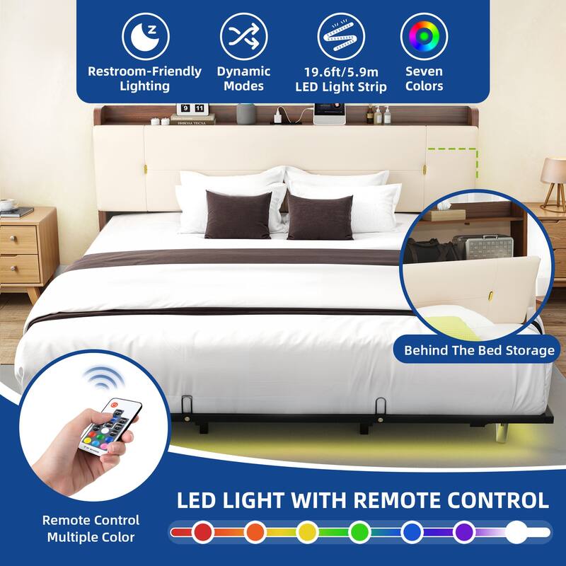 Moasis Floating Bed Frame with LED Lights PU Upholstered Platform Bed Frames
