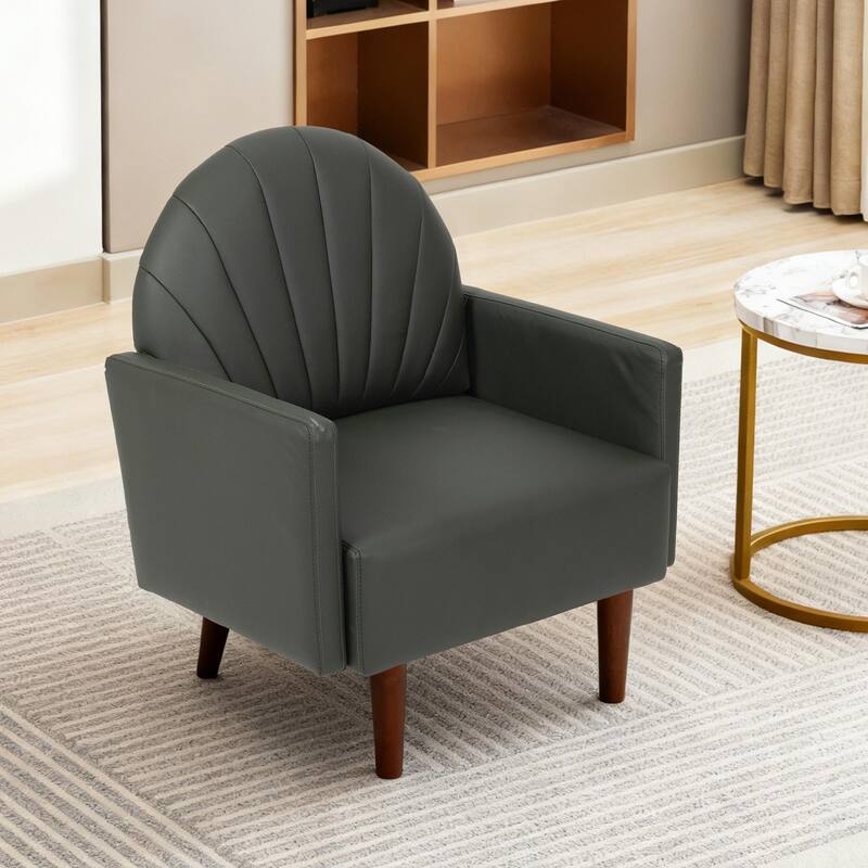 Contemporary Shell-shaped Amchair with Upholstery and Wooden Legs, Suitable for Living Rooms - Green