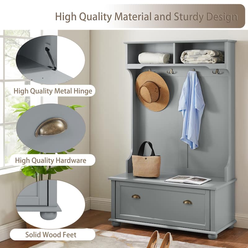 Entryway Hall Tree with Shoe Organizer Cabinet Bench, Open Shelves, and Coat Hooks, Perfect Storage for Hallways, Mudrooms