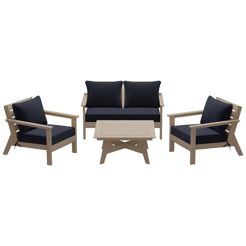 Birchwood All Weather HDPE Outdoor Patio Weathered Wood Deep Seating Conversation Set (5-Piece Set)