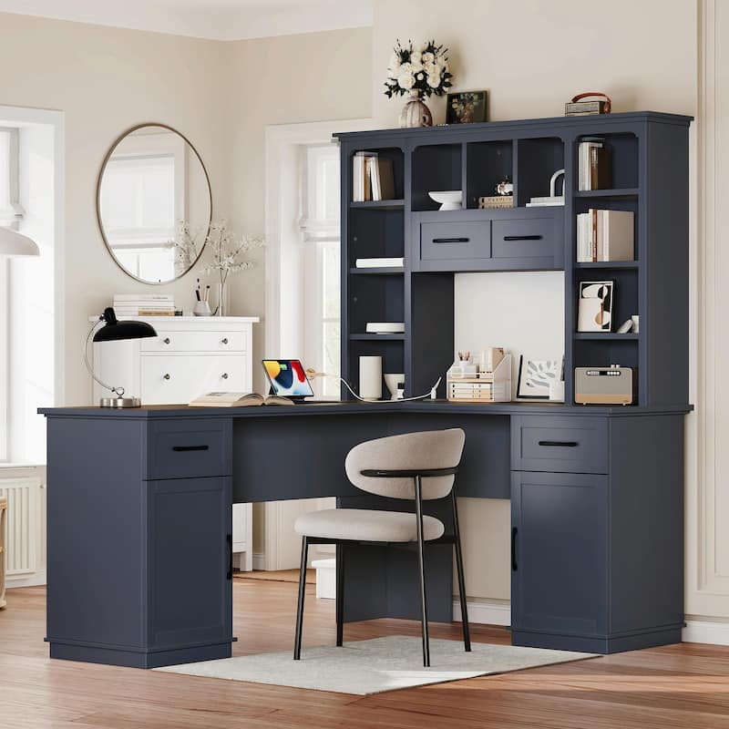 L-Shaped Computer Desk with 2 Cabinets, 2 Drawers, 11 Open Shelves and a Flip-Up Shelf with Storage on the Right Side - Antique Blue