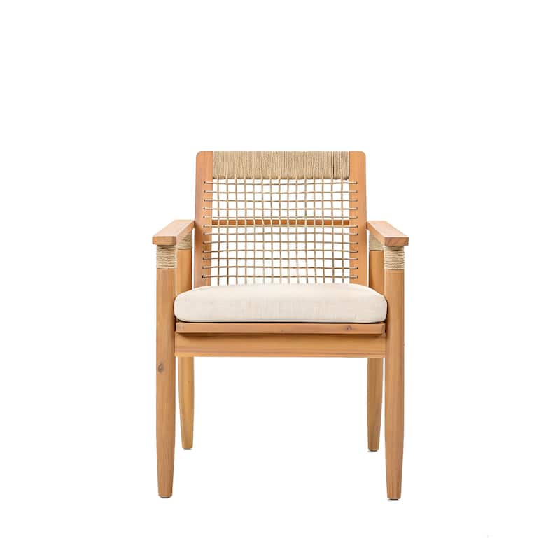 Christopher Knight Home - Caldera Outdoor Acacia Wood Patio Dining Chairs with Rope Woven Backrest and Cushions, Set of 2