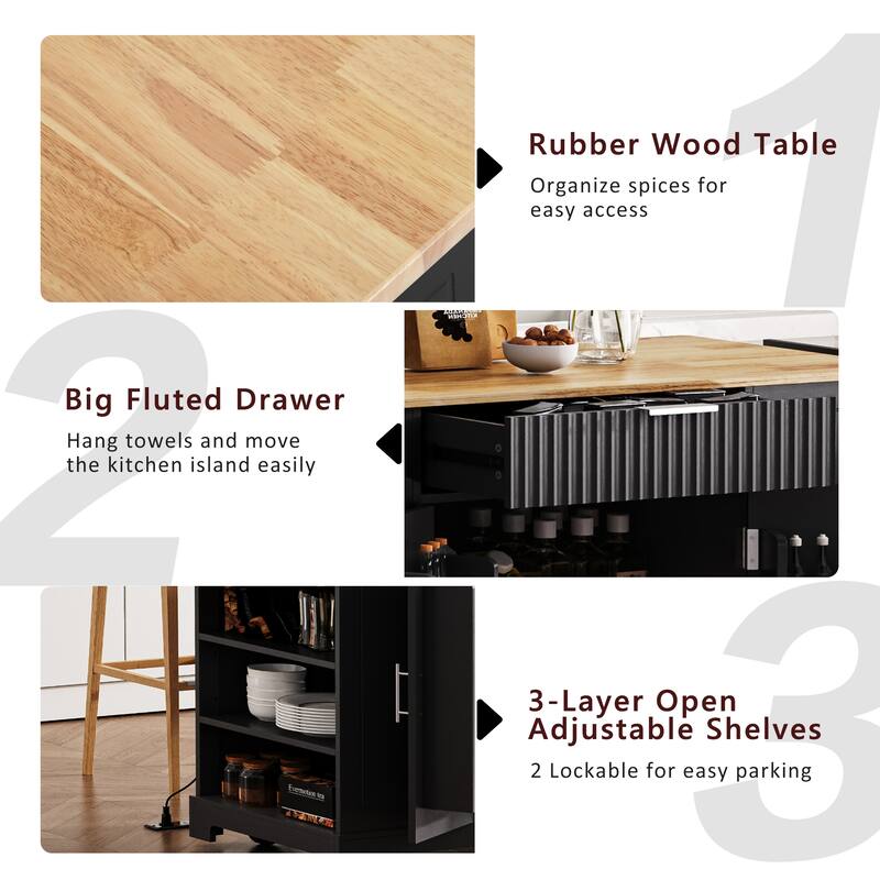 Fluted Kitchen Island With Trash Can Storage Cabinet(no include stool)
