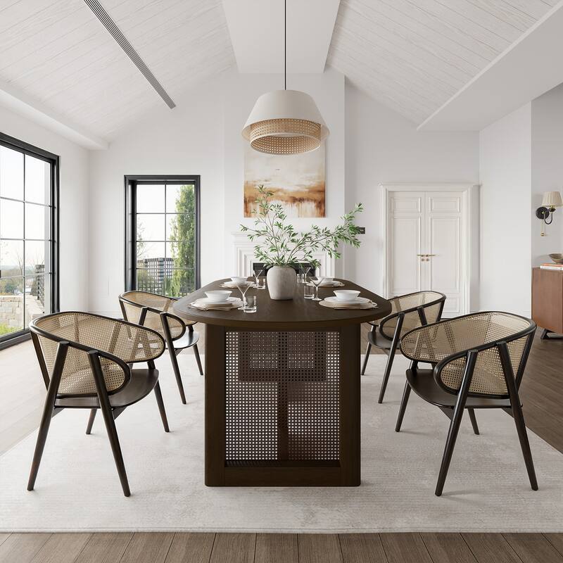 67" Dovelina Oval Dining Table with Rattan Double Pedestal for 6 People