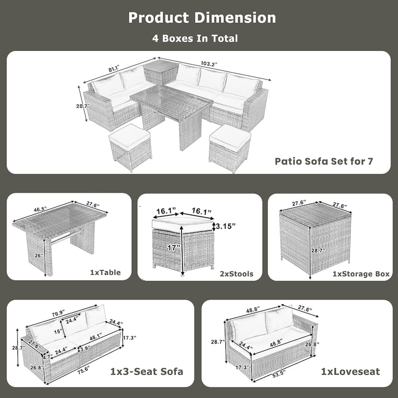 6PCS Outdoor Patio Wicker Rattan Sectional Set with Storage Box and Tempered Glass Top Table