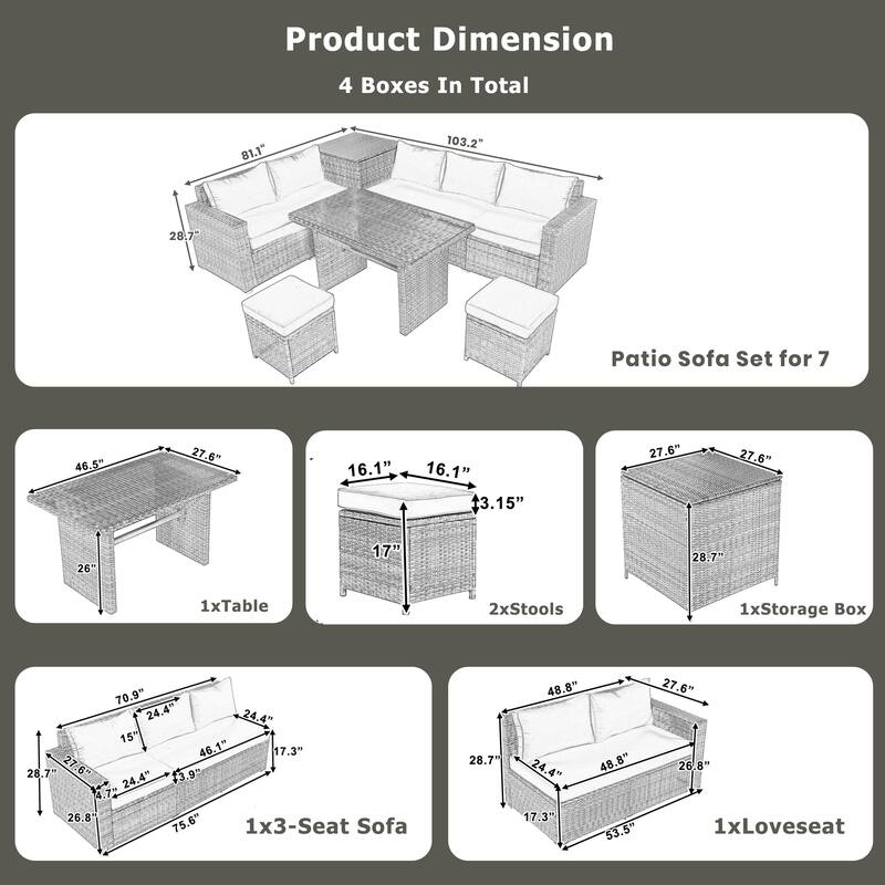Roomfitters 6-Piece All-Weather PE Rattan Patio Sofa Set with Adjustable Seats, Storage Box and Glass Top Table