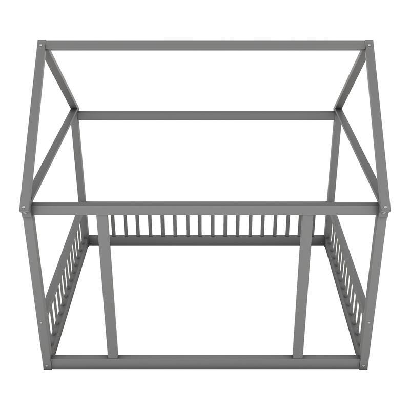 Gray Full Size Pine Wood Floor Bed with House Roof & Guardrails