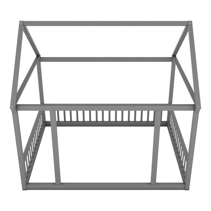 Pine Wood Floor Bed with House Roof Frame and Safety Guardrails