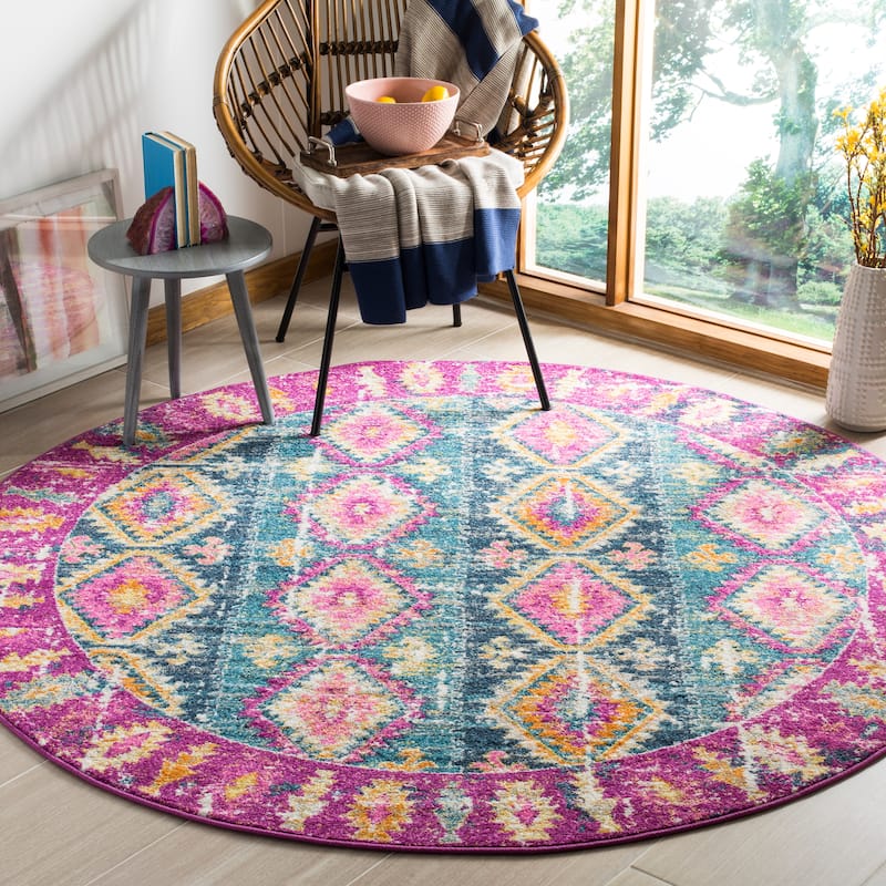 SAFAVIEH Madison Joycelyn Vintage Boho Oriental Rug - 6'7" Round - Fuchsia/Blue