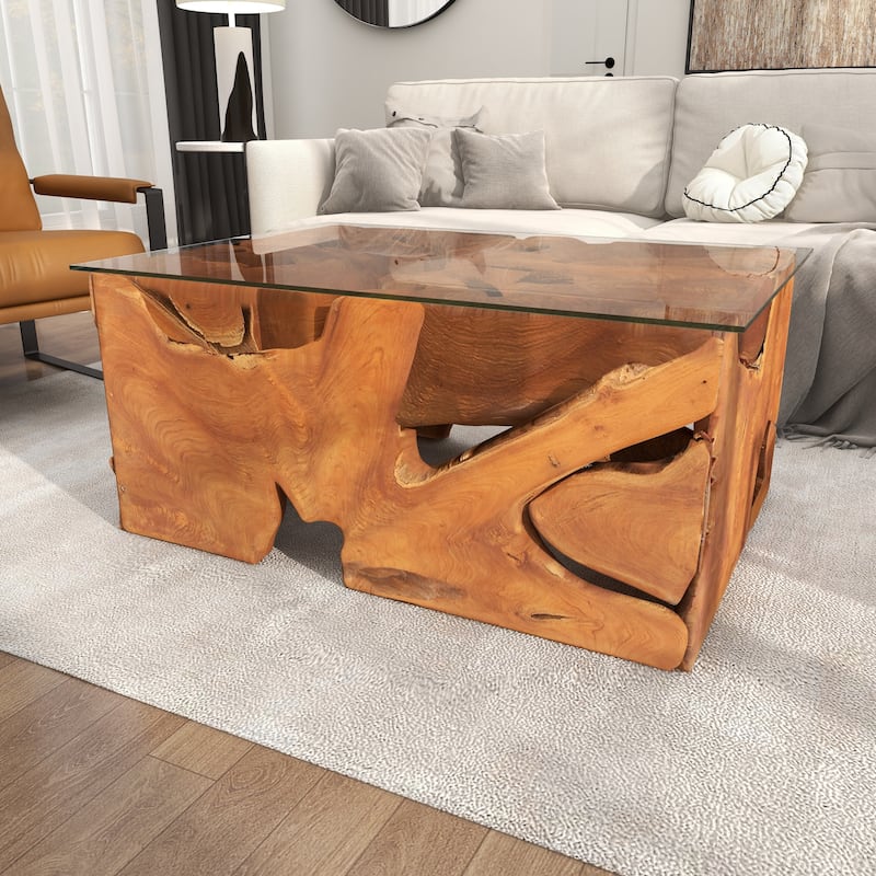 Benzara Brown/Clear Teak/Glass 43-inch x 18-inch Coffee Table