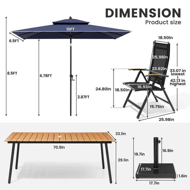 9/11-Piece Outdoor Aluminum Patio Dining Set w/10 ft Umbrella and Base, Rectangle Table and Folding Chairs
