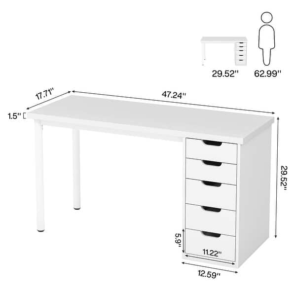 dimension image slide 2 of 4, 47-inch Computer Desk with 5-drawer, Wood and Metal Writing Desk for Study Living Room