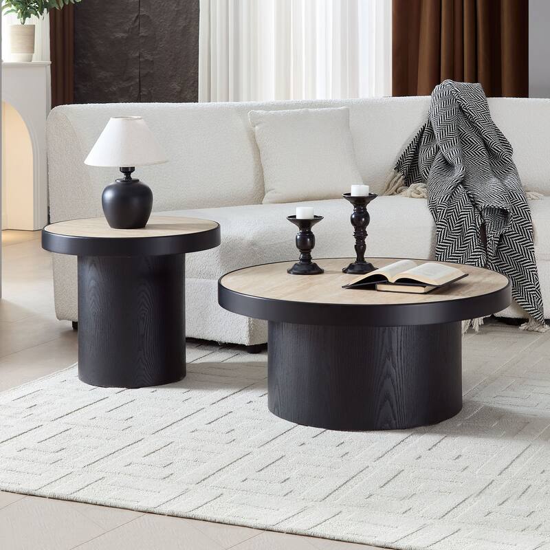 Nesting Round Coffee Table Set with Sintered Stone Tabletop, Modern Living Room Center Table