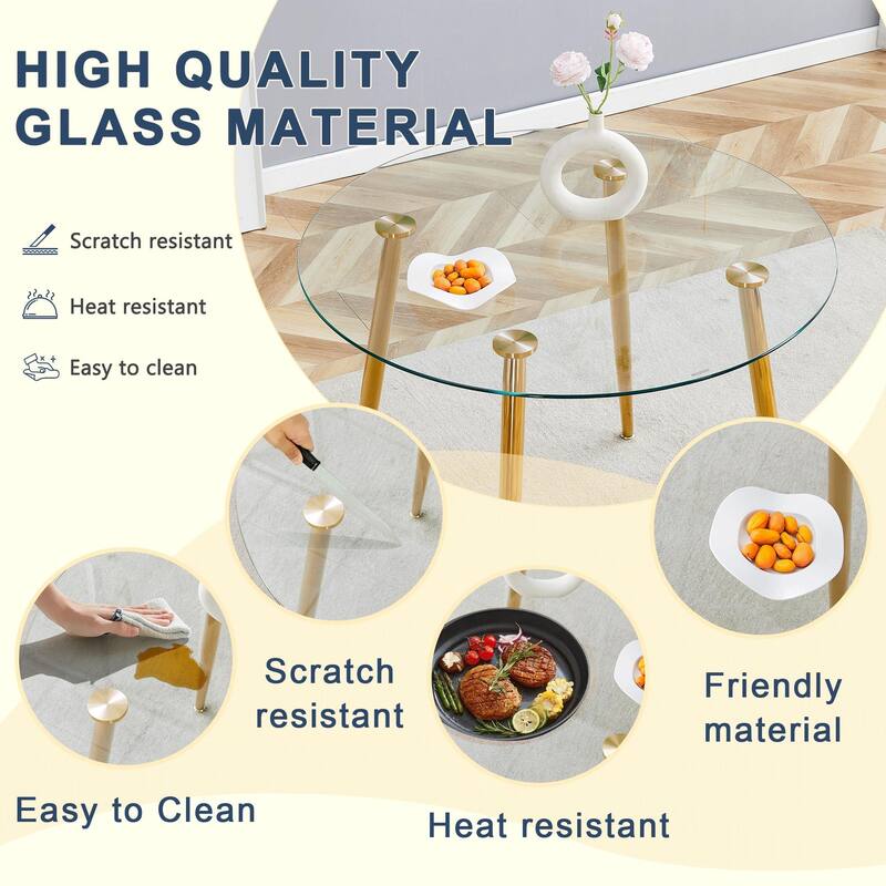 5-Piece Small Dining Table Set for 4, Modern Round Glass Table with 4 Faux Leather Dining Chairs for Small Spaces