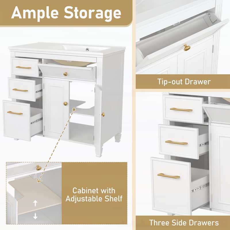 Bathroom Vanity Cabinet with Sink,with One Tip-out Drawer,3 Side Drawers,Adjustable Shelf