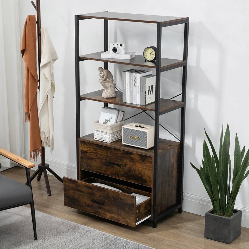 Industrial Bookcase with File Cabinet Drawers, 62.7 in Tall Bookshelf 4 Tier, Freestanding Storage Home Office Cabinet