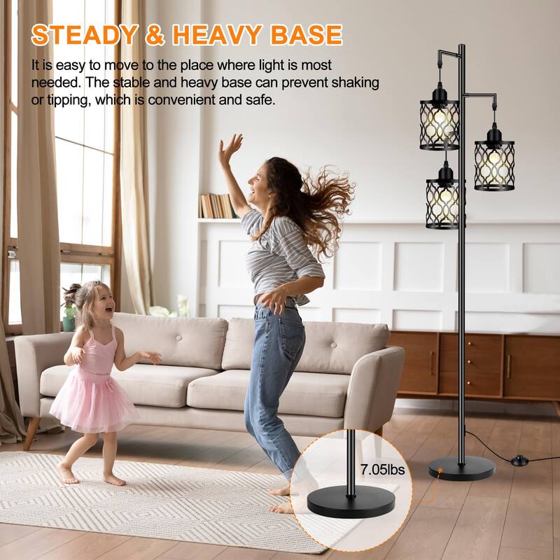 Industrial Floor Lamp, Metal Farmhouse Floor Lamp for Living Room, Rustic Standing Tall Lamp with 3 Elegant Cage Heads - Black
