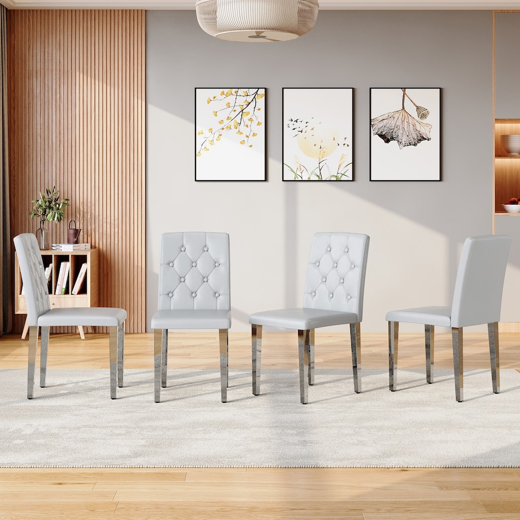 4-piece set of PU Dining Chairs: Ergonomically Designed Buckle Backrest, 35 Inches High, Silver Metal legs