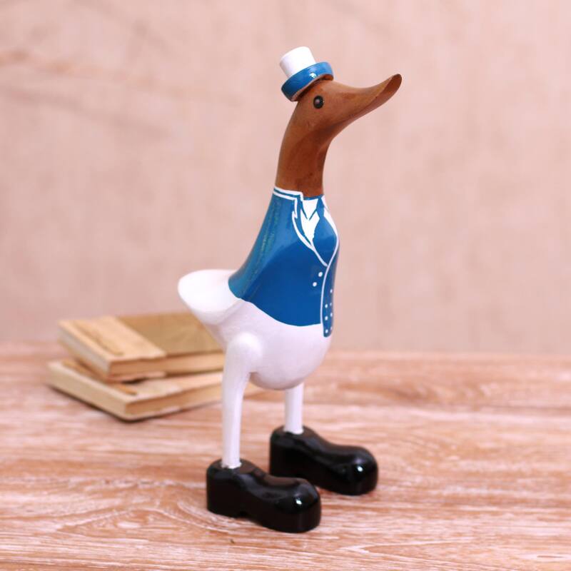 Novica Handmade Captain Duck In Blue Bamboo Root And Wood Sculpture
