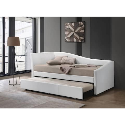 Contemporary Slat Twin White Faux Leather Sofa Bed MDF Panel Daybed & Trundle with Caster Wheels