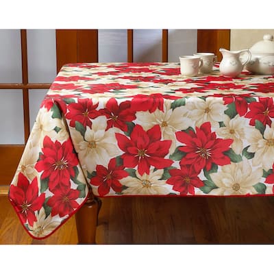 Violet Linen Holiday Christmas Poinsettia Floral Pattern Tablecloth