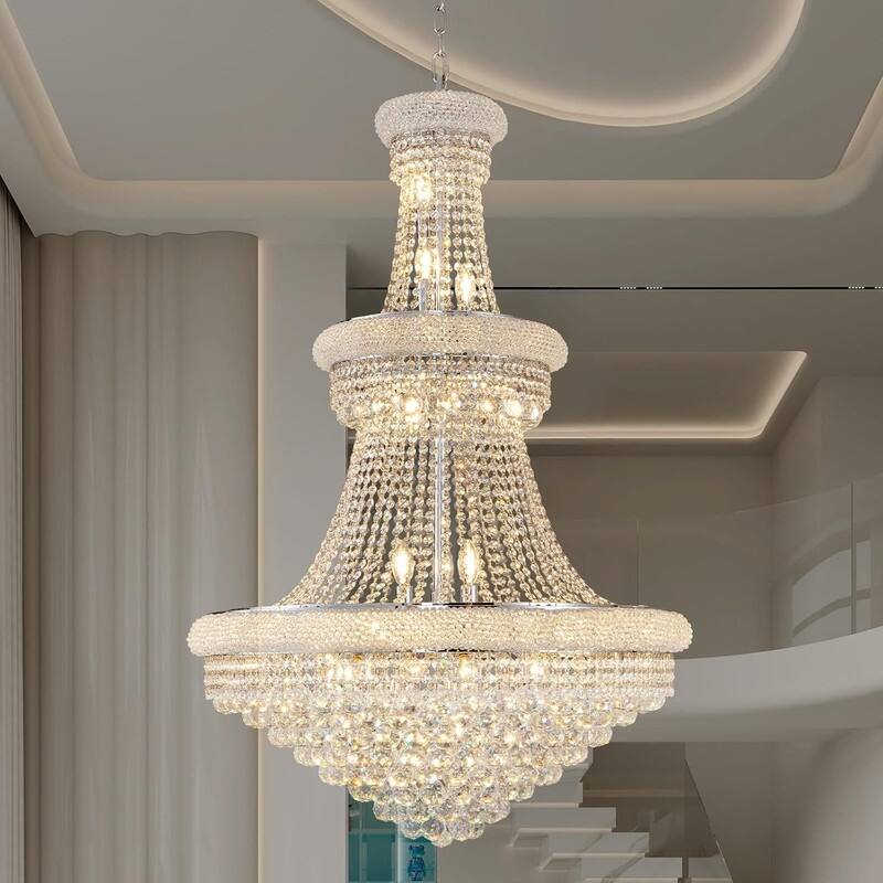 KAYLA 19-Lights High Ceiling Chandelier Modern Gold Crystal Chandeliers Large Foyer Chandelier Fixtures - 800 - Sliver