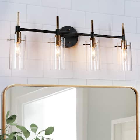 Modern 4-Light Black and Gold Bathroom Vanity Lights Cylinder Glass Wall Lamp - 27.5" L x 6" W x 11" H