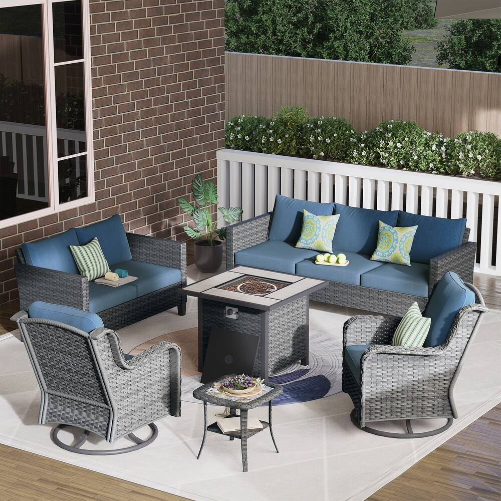 OVIOS 6-Piece Outdoor Wicker Patio Fire Pit Furniture Set with Swivel Chairs