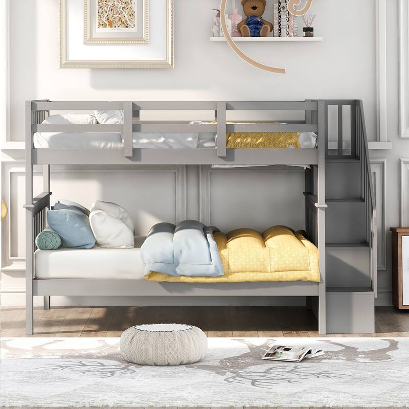 Full-Over-Full Bunk Bed with Storage Stairs and Guard Rail, Gray