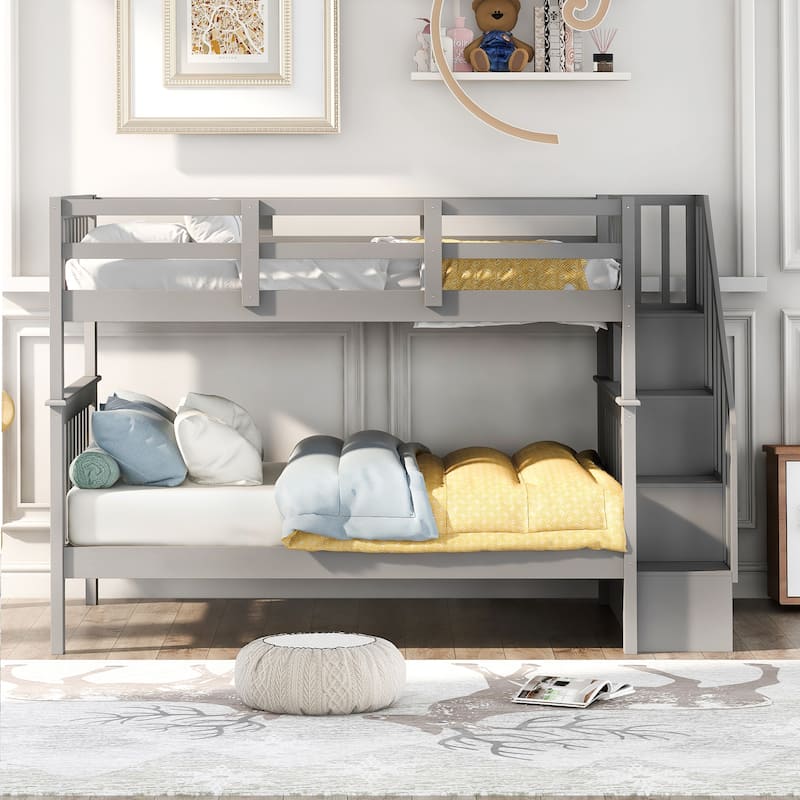 Full-Over-Full Wooden Bunk Bed with Storage Stairway and Full-Length Guardrail, Splits into 2 Beds, for Kids Teens Bedroom Dorm - Grey - Full