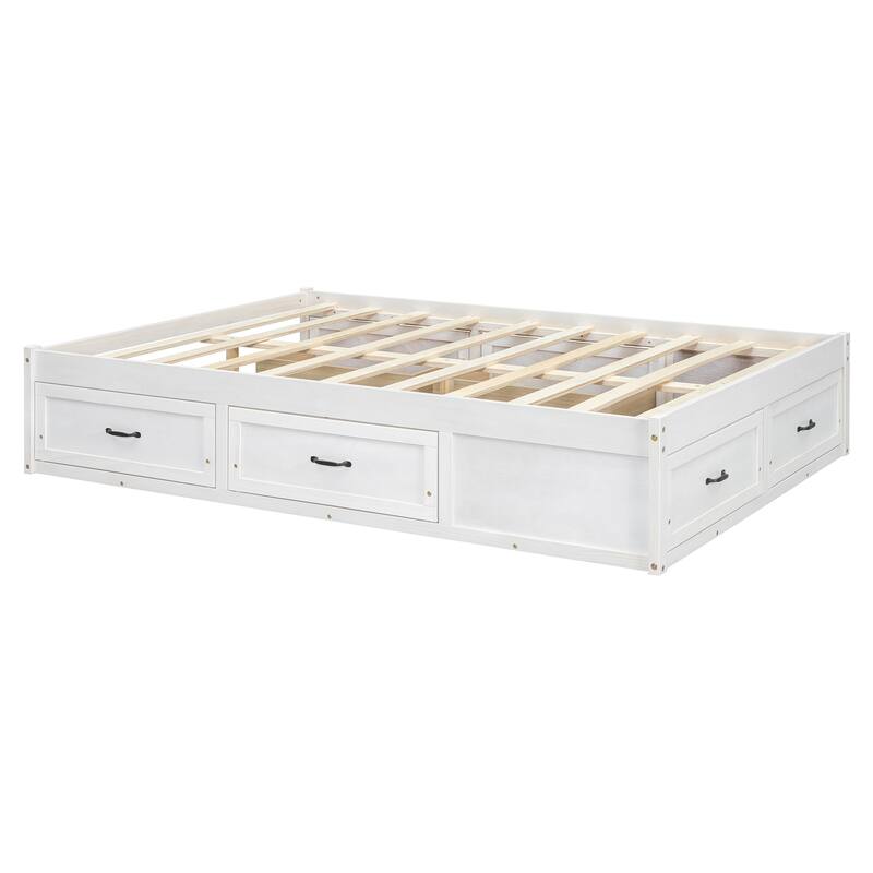 Full Size Platform Bed with 6 Storage Drawers in Antique White