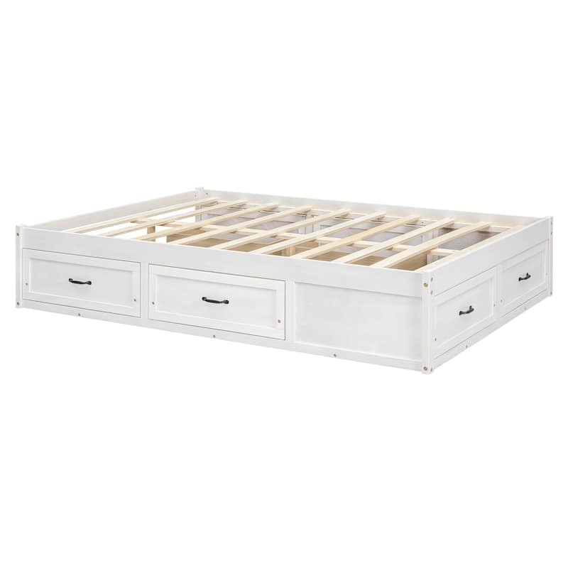 Queen Size Platform Bed Frame with 6 Built-In Storage Drawers, No Headboard, Low Profile Design in Antique