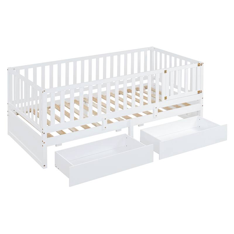 Twin Size Solid Wood Daybed with Guardrails & 2 Drawers