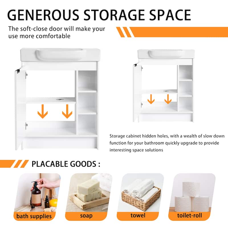 28 Inch Freestanding Bathroom Vanity Cabinet with Ceramic Sink,1 Soft Close Door and 3 Shelves