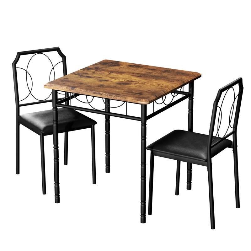 VECELO Industrial 3-Piece Space-Saving Square Dining Set MDF Table with Black PU Leather Dining Chairs Small Spaces
