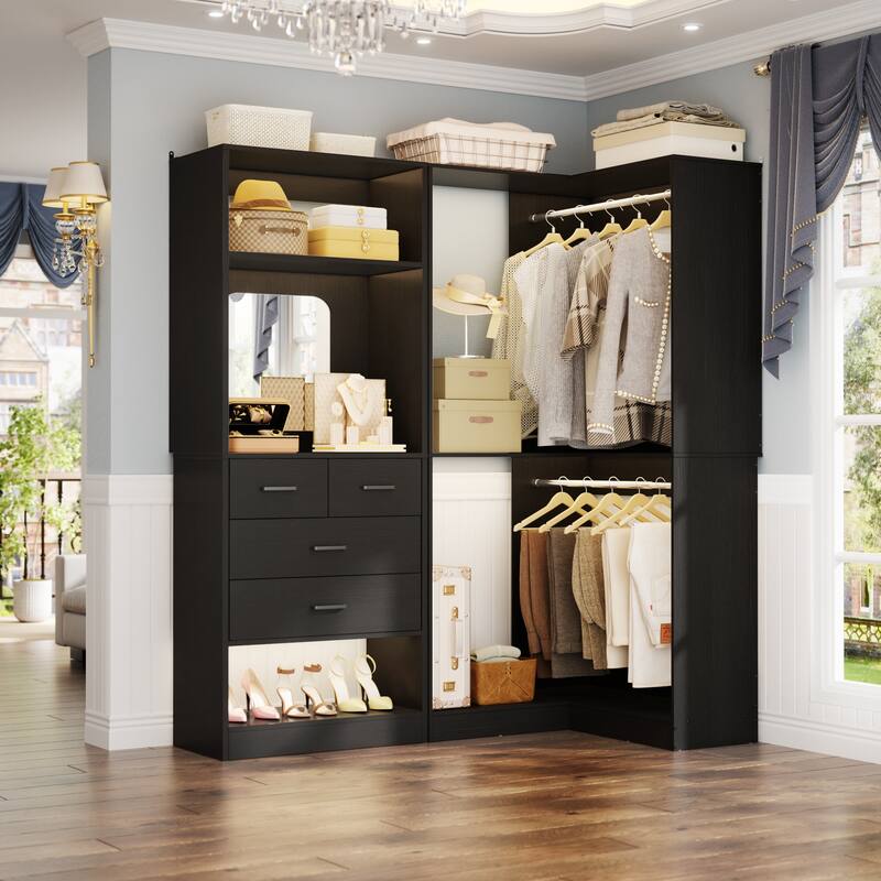 Cimly Set of 2 Corner Closet System with Drawers, Freestanding Closet Organizer with Hanging Rods and Shelves