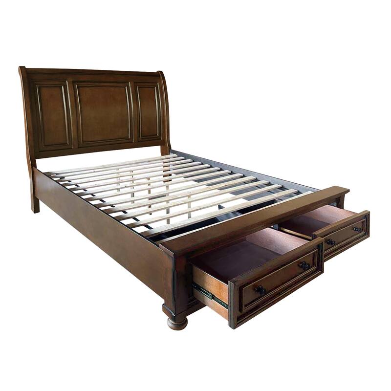 Brown Cherry Finish 1pc Sleigh Platform Bed with Footboard Storage