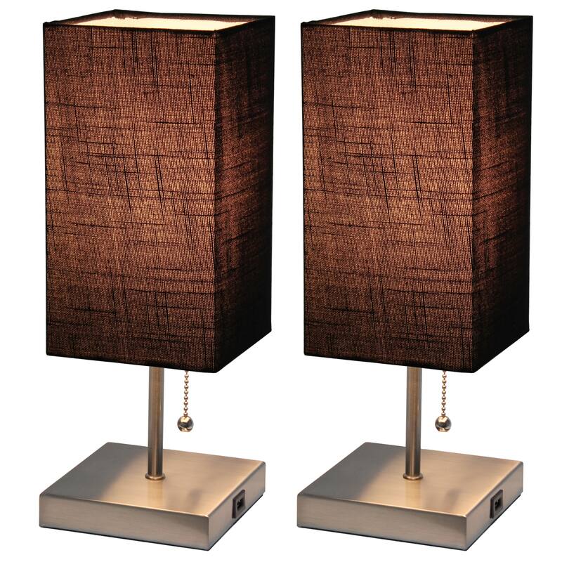 14.25 in. Brushed Steel Finish Table Lamp with Black Shade, Durable Stick Lamp for End/Side Tables, Set of 2