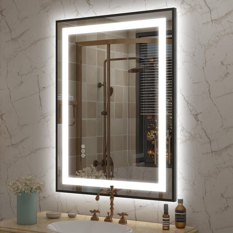 KIOTEE Black Metal Frame Front & Back LED Lighted Anti-Fog Tempered Glass Bathroom Vanity Mirror with ETL and 3 Years Warranty - 32x24