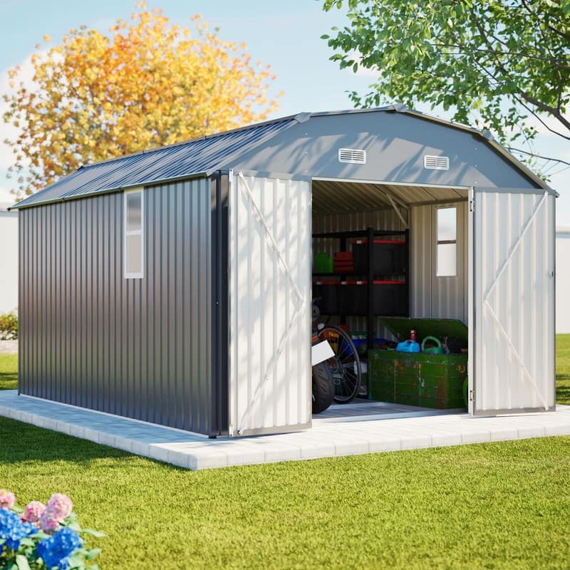 10' x 12' Outdoor Storage Shed, Heavy-Duty Rust-Resistant Steel Tool Shed with Floor Frame Kit - Grey