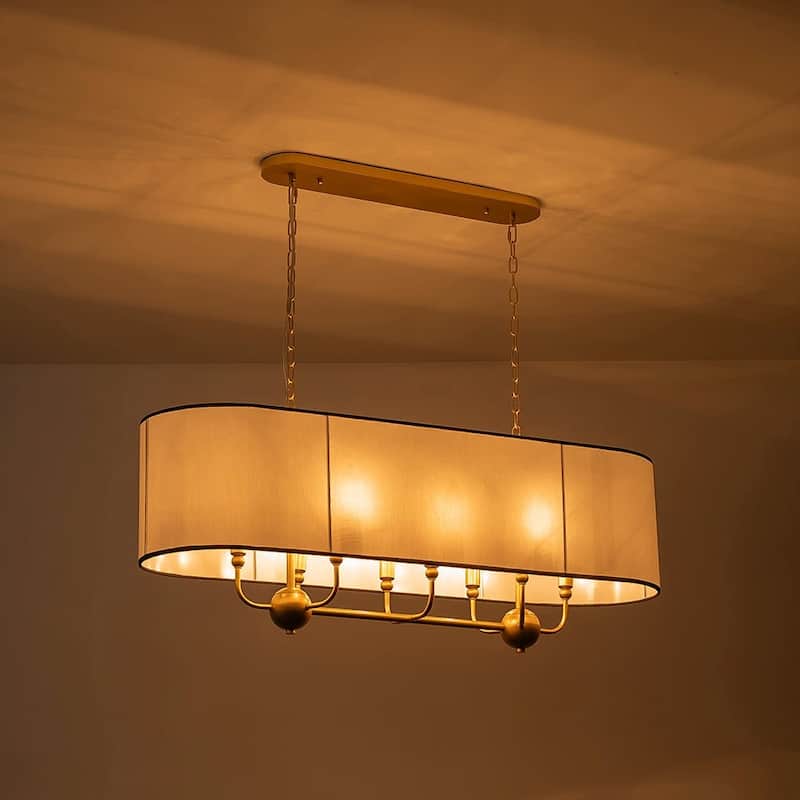 8-Light Mid-century Linear Dining Room Chandelier With Fabric Shade - Brass - 42.5in