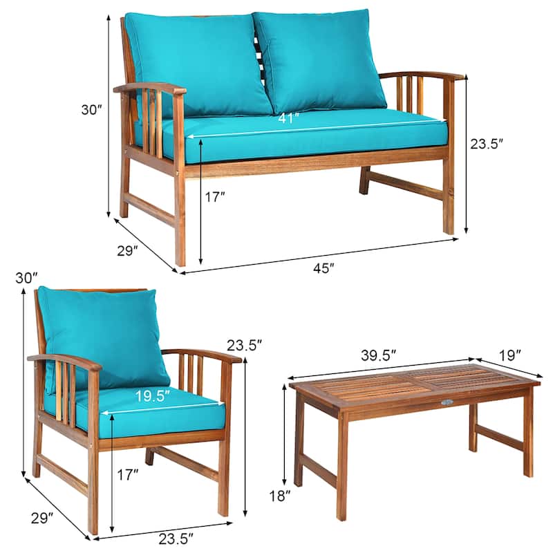 Costway 4PCS Wooden Patio Furniture Set Table Sofa Chair Cushioned