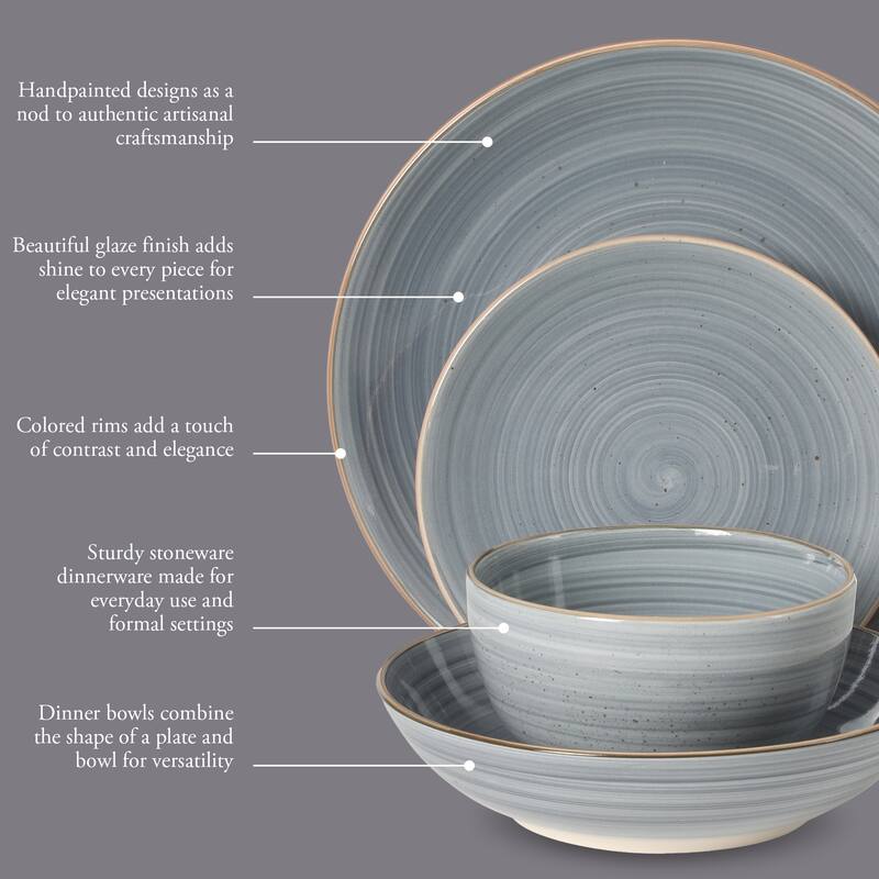 Gibson Home Stonebury 16 Piece Plates and Bowls - Handpainted Stoneware Dinnerware Set - Service for 4
